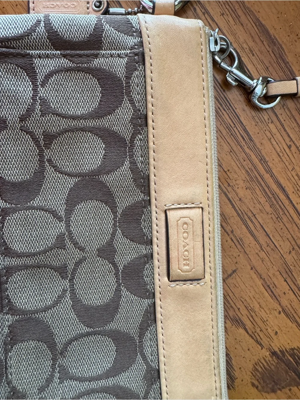 Coach Brown Signature Canvas Wristlet with Tan Leather Trim